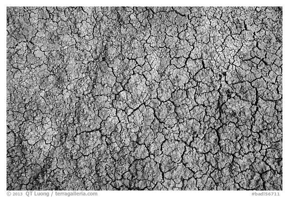 Cracked multi-colored paleosol. Badlands National Park (black and white)