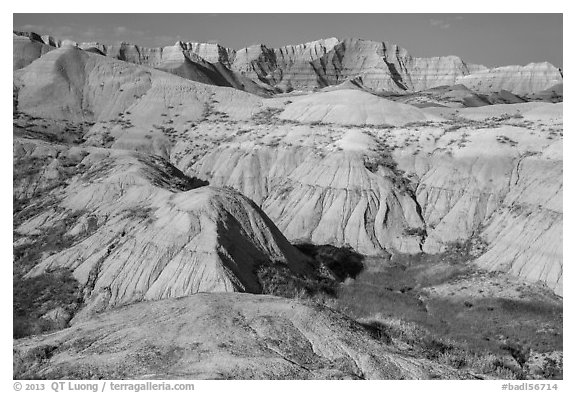 Badlands with yellow and red soils. Badlands National Park (black and white)