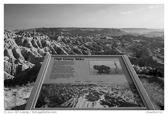 Interpretative sign, Sage Creek badlands. Badlands National Park, South Dakota, USA.