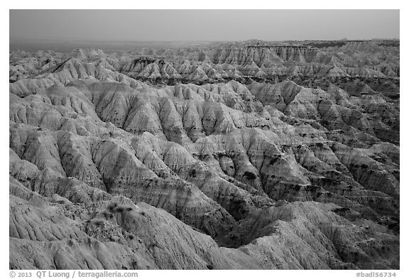 Hay Butte Badlands at dusk. Badlands National Park (black and white)