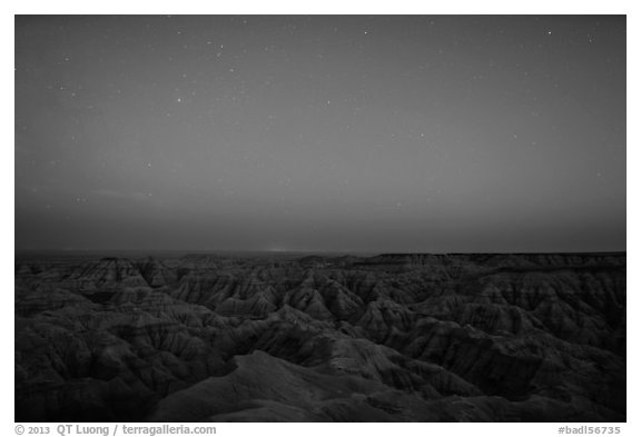 Badlands from above at night. Badlands National Park (black and white)