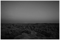 Badlands from above at night. Badlands National Park, South Dakota, USA. (black and white)