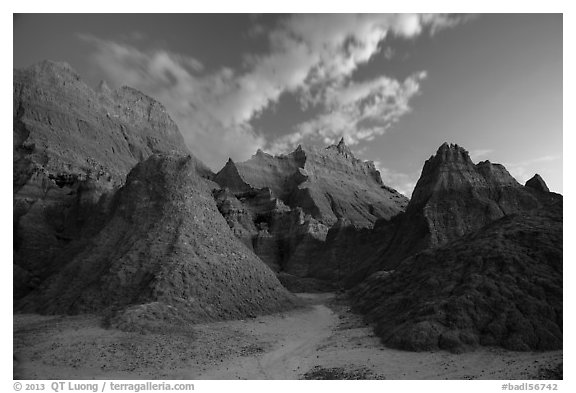 Peaks of Brule Formation at dawn. Badlands National Park (black and white)