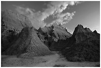 Peaks of Brule Formation at dawn. Badlands National Park ( black and white)