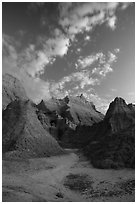 Rugged peaks at dawn. Badlands National Park, South Dakota, USA. (black and white)