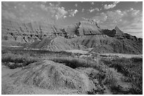 Grasses, cracked soil, and sharp peaks at dawn. Badlands National Park, South Dakota, USA. (black and white)