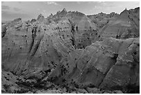 Peaks and canyons of the Wall near Norbeck Pass. Badlands National Park, South Dakota, USA. (black and white)