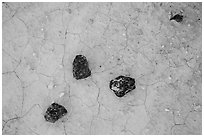 Dark rock on soil with fine cracks. Badlands National Park, South Dakota, USA. (black and white)