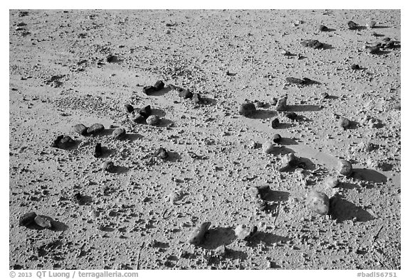 Rocks on flat, textured soil. Badlands National Park, South Dakota, USA.