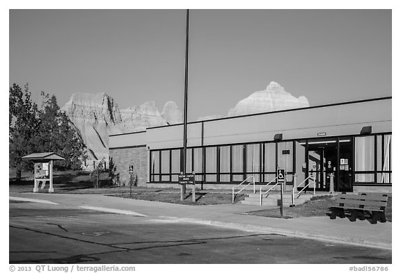 Ben Reifel Visitor Center. Badlands National Park (black and white)