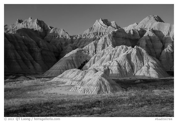 Prairie and badlands at sunset. Badlands National Park, South Dakota, USA.