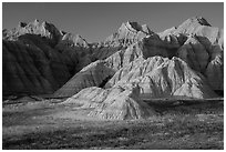 Prairie and badlands at sunset. Badlands National Park ( black and white)