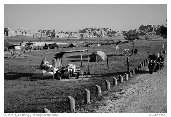 Motorcyle camping. Badlands National Park, South Dakota, USA.