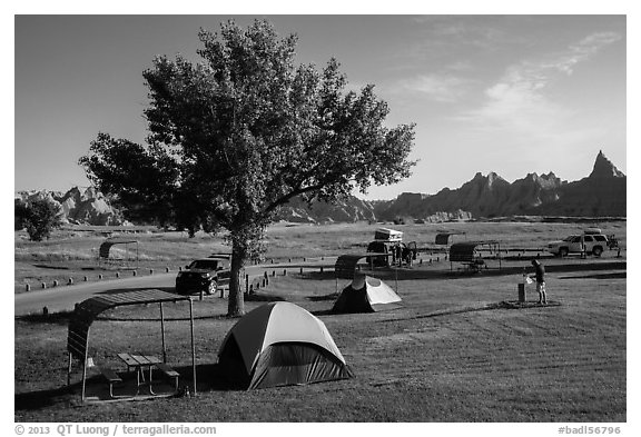 Campground and badlands. Badlands National Park, South Dakota, USA.