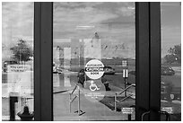 Buttes, Ben Reifel Visitor Center window reflexion. Badlands National Park ( black and white)
