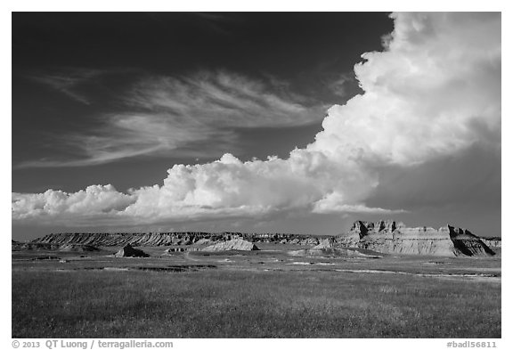 Afternoon clouds above buttes and prairie, South Unit. Badlands National Park (black and white)