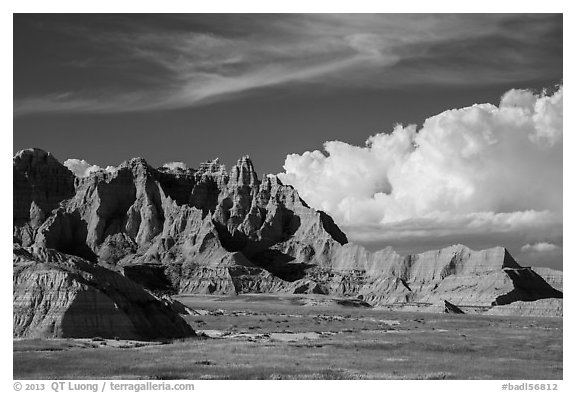 Badlands and afternoon clouds, Stronghold Unit. Badlands National Park, South Dakota, USA.