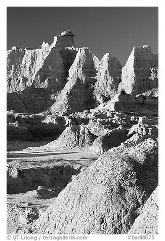 Erosion landforms at Cedar Pass, early morning. Badlands National Park (black and white)
