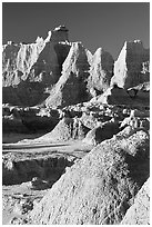 Erosion landforms at Cedar Pass, early morning. Badlands National Park, South Dakota, USA. (black and white)