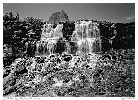 Waterfall at hanging gardens, Logan pass. Glacier National Park (black and white)