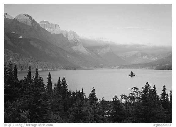 St Mary Lake and Wild Goose Island, sunrise. Glacier National Park (black and white)