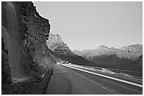 Roadside waterfall and light trail, Going-to-the-Sun road. Glacier National Park ( black and white)