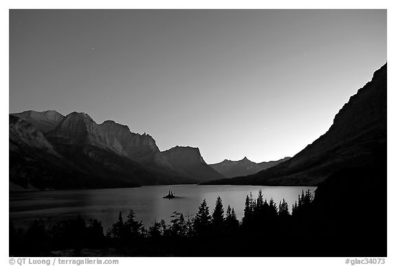 St Mary Lake at night with stars. Glacier National Park (black and white)