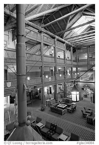 Main lobby of Many Glacier Lodge. Glacier National Park, Montana, USA.