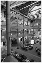 Main lobby of Many Glacier Lodge. Glacier National Park, Montana, USA. (black and white)