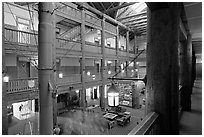 Main hall of Many Glacier Lodge. Glacier National Park, Montana, USA. (black and white)