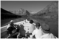 Riding the tour boat on Lake Josephine. Glacier National Park ( black and white)