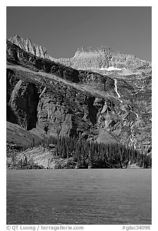 Grinnell Falls and Grinnell Lake turquoise waters. Glacier National Park (black and white)