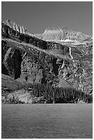 Grinnell Falls and Grinnell Lake turquoise waters. Glacier National Park, Montana, USA. (black and white)
