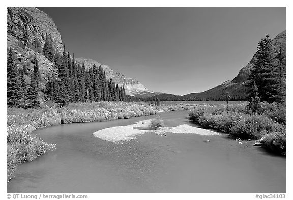 Stream at the head of Josephine Lake. Glacier National Park (black and white)