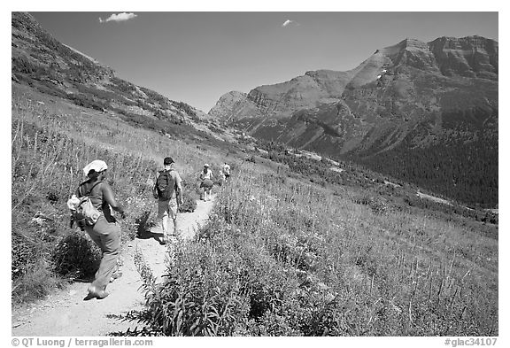 Group hiking on the Grinnell Glacier trail. Glacier National Park, Montana, USA.