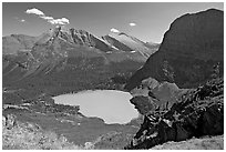 Grinnell Lake, Angel Wing, and Allen Mountain, afternoon. Glacier National Park, Montana, USA. (black and white)