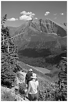 Hiking down the Grinnell Glacier trail, afternoon. Glacier National Park, Montana, USA. (black and white)