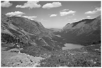 Many Glacier Valley with Grinnell Lake and Josephine Lake. Glacier National Park, Montana, USA. (black and white)