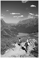 Switchback on trail, with Grinnel Lake and Josephine Lake in the background. Glacier National Park, Montana, USA. (black and white)