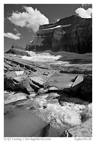 Stream, Mt Gould, and Grinnell Glacier, afternoon. Glacier National Park (black and white)
