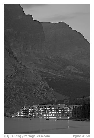Many Glacier lodge and Swiftcurrent Lake at dusk. Glacier National Park (black and white)