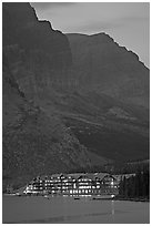 Many Glacier lodge and Swiftcurrent Lake at dusk. Glacier National Park ( black and white)