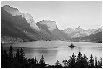 St Mary Lake, Wild Goose Island, sunrise. Glacier National Park, Montana, USA. (black and white)