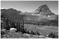 Hidden Lake, Bearhat Mountain, and mountain goat. Glacier National Park, Montana, USA. (black and white)