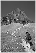 Backpacker and peak near Logan Pass. Glacier National Park, Montana, USA. (black and white)
