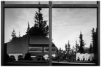 Firs and peak, Logan Pass visitor center window reflexion. Glacier National Park ( black and white)