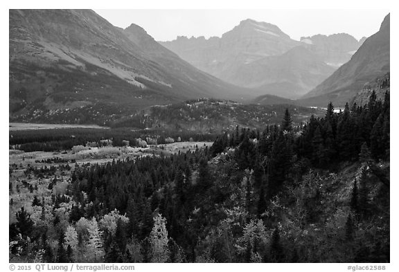 Many Glacier Valley in autumn. Glacier National Park (black and white)