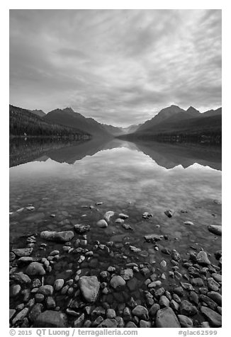 Rocks and mountains, Bowman Lake. Glacier National Park (black and white)