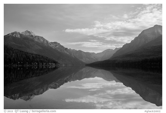 Mountains and clouds with reflections, Bowman Lake. Glacier National Park (black and white)