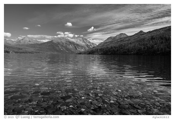 Kintla Lake with underwater colorful cobblestones. Glacier National Park (black and white)